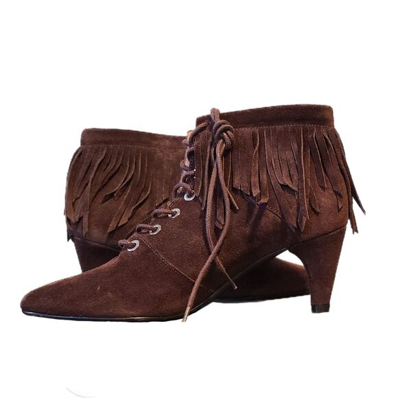 Maje Brown Velvet Y2K Boho Suede Lace-Up Fringe Booties, Size 6, VGUC, MSRP $500 - Picture 1 of 9